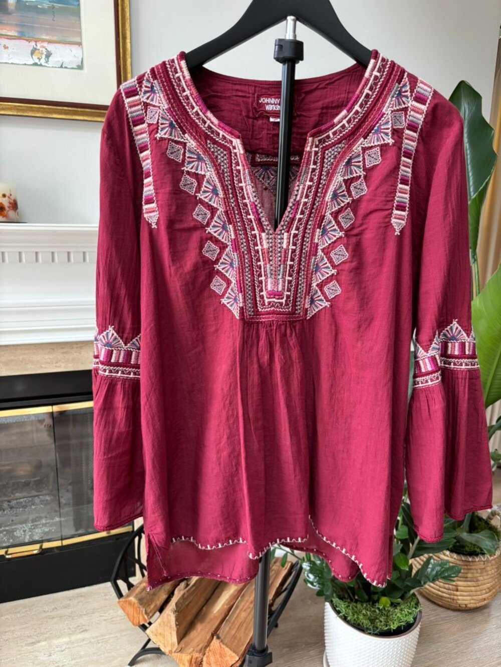 Johnny Was Workshop Maroon Embroidered Boho Tunic Top Bell Sleeve